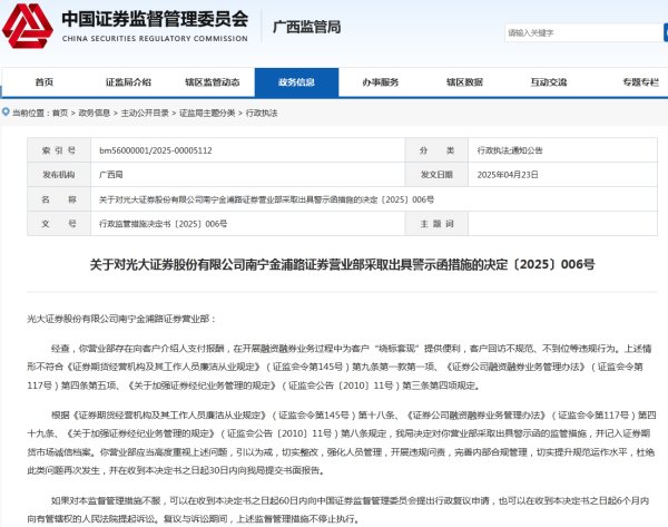 财盛证券 光大证券一营业部融资融券业务等违规被警示